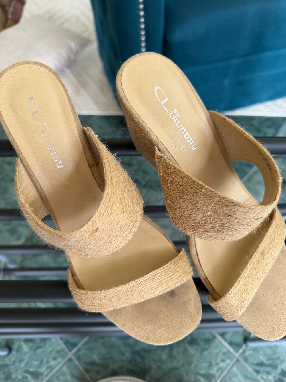 CL by Laundry Natural Tan Wedge Slide Sandals